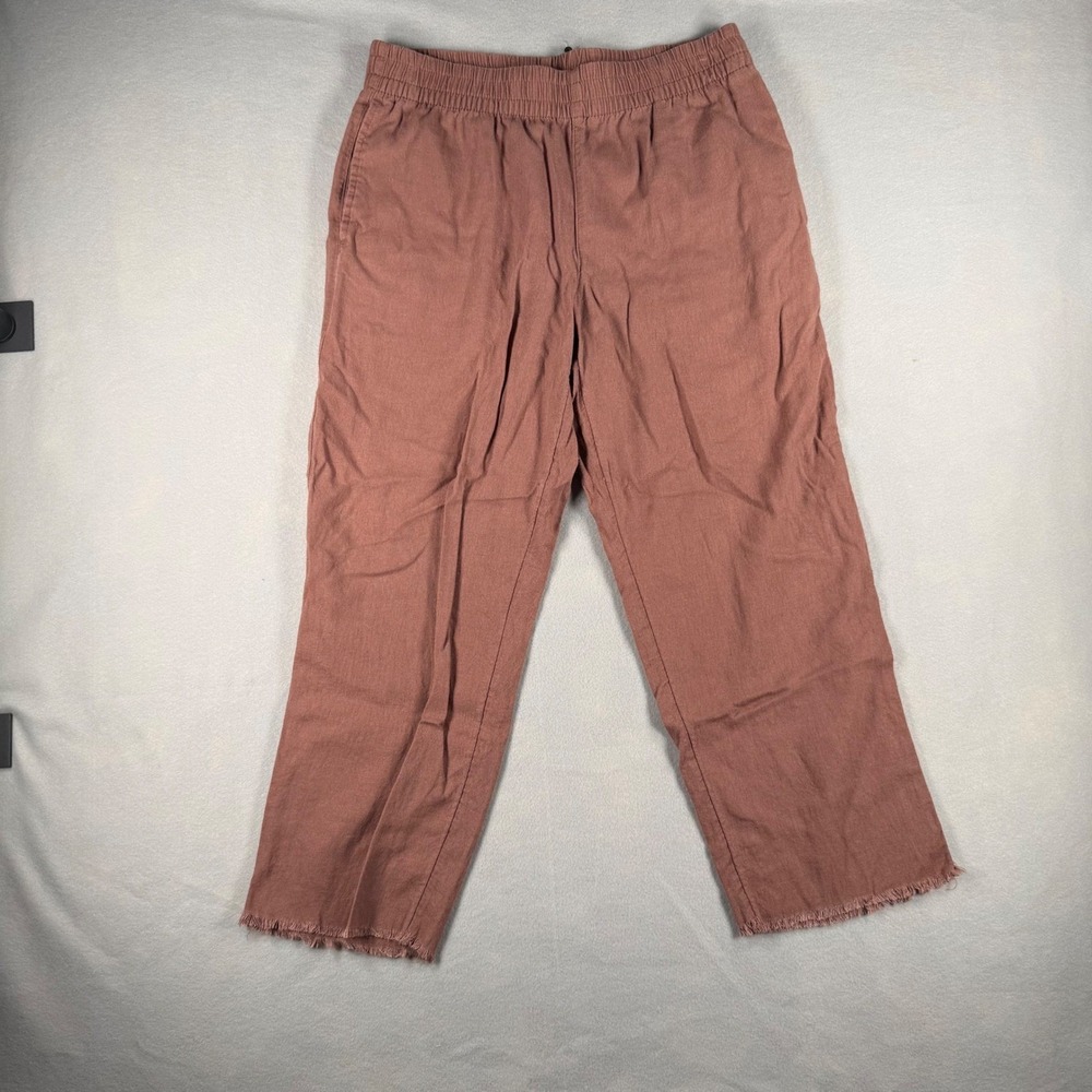 Old Navy Women's M Warm Taupe Linen Blend Straight Pants Raw Hem Pull On Cropped